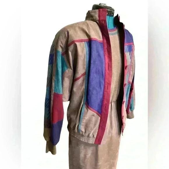 Vintage Ciao Ltd Plaid Sweater Gray Taupe Suede Dress Jacket 2 Piece Set Size 4 - Picture 3 of 16